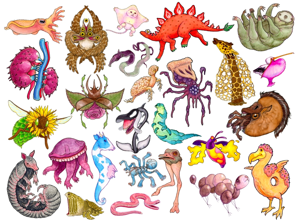 collection of mutant animals, some cute, some weird, some disturbing. All colorfully illustrated.